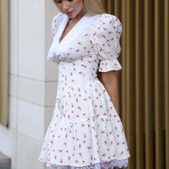 Baby Collar Lace Print Slim Tie Dress