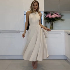 Halter neck tie solid color high waist slim dress