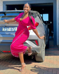 V-Neck High Waist tassel Mid-Length Hip Dress