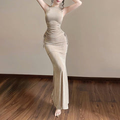 Sleeveless Drawstring Pleated Top and Fishtail Skirt Set