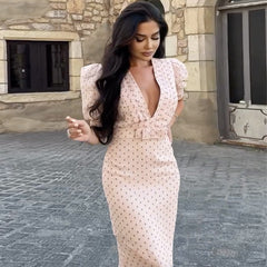 Fresh V-neck bow print slim dress