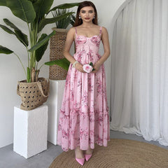 Fresh Halter Waist Printed Backless Dress