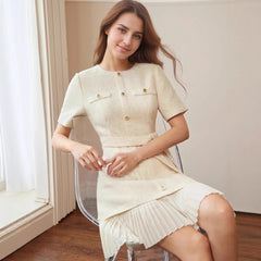 Round neck tweed buttoned waist pleated dress