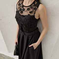 Lace Flower Belt Sleeveless Fitted Maxi Dress