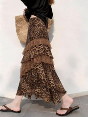 Vintage Leopard Print Ruffled Maxi Skirt