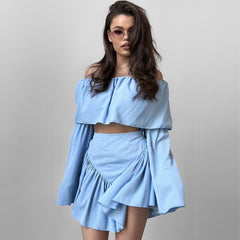 Loose Short Solid Color Top Pleated Skirt Set