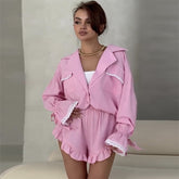 Lace Collar Trumpet Sleeve Shirt Shorts Set