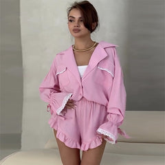 Lace Collar Trumpet Sleeve Shirt Shorts Set