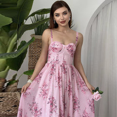 Fresh Halter Waist Printed Backless Dress