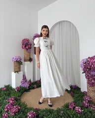 Fresh lace high waist bow dress