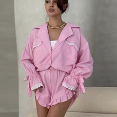 Lace Collar Trumpet Sleeve Shirt Shorts Set