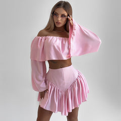 Loose Short Solid Color Top Pleated Skirt Set