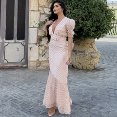 Fresh V-neck bow print slim dress