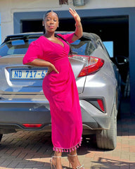 V-Neck High Waist tassel Mid-Length Hip Dress