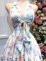 Halter neck suit collar sleeveless printed slim fit mini dress