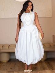 MIXED BALLOON MIDI DRESS WHITE