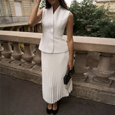 Button Solid Vest Top Pleated Skirt Set