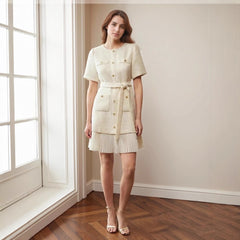 Round neck tweed buttoned waist pleated dress