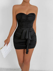 Pleated Ribbon Off-the-shoulder Dress