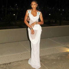 Swing neck mesh stitching suspender slim dress