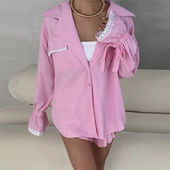 Lace Collar Trumpet Sleeve Shirt Shorts Set