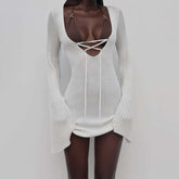 Hollow V-neck tie-flared sleeve knitted dress