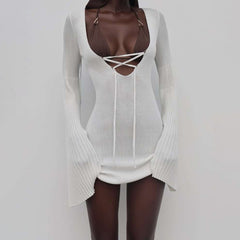 Hollow V-neck tie-flared sleeve knitted dress