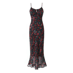 Vintage Satin Rose Print Sexy V-Neck Slit Maxi Dress