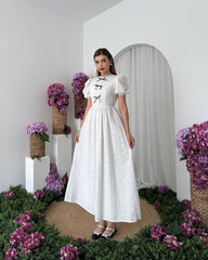 Fresh lace high waist bow dress