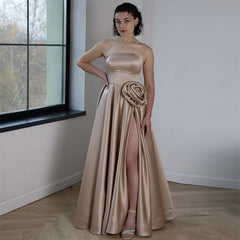 Strapless 3D Flower High Waist Slit Dress