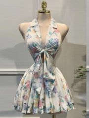 Halter neck suit collar sleeveless printed slim fit mini dress