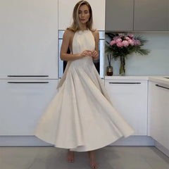 Halter neck tie solid color high waist slim dress