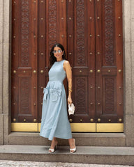 Round Neck Sleeveless Bow Tie High Waist Dress