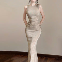 Sleeveless Drawstring Pleated Top and Fishtail Skirt Set