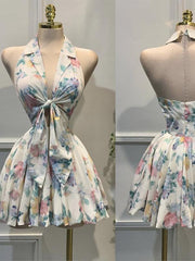 Halter neck suit collar sleeveless printed slim fit mini dress