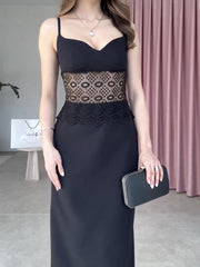 Suspender V-neck Lace Stitching Hollow Dress