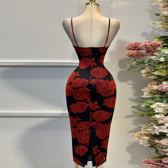 Lace suspender U-neck slim fit printed hip dress