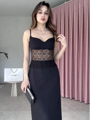 Suspender V-neck Lace Stitching Hollow Dress
