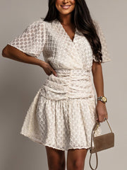 Off Shouder Plaid Short Sleeve Ruched Mini Dress