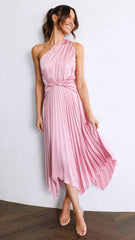 One Shoulder Sleeveless Pleted High Waist Midi Dresses