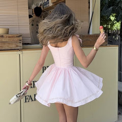 Sweet U-neck suspender bow slim stitching dress