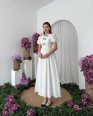 Fresh lace high waist bow dress