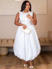 MIXED BALLOON MIDI DRESS WHITE