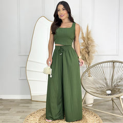 Square Neck Top And Slit Pants Suit