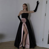 Strapless 3D Flower High Waist Slit Dress