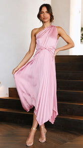 One Shoulder Sleeveless Pleted High Waist Midi Dresses