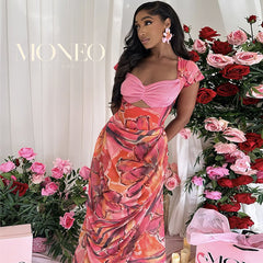 Strapless printed hollowed-out high-waist dress