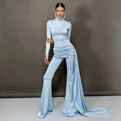 Solid color casual high collar ribbon flared jumpsuit