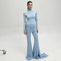 Solid color casual high collar ribbon flared jumpsuit