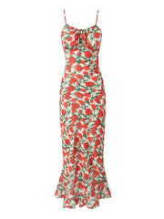 Vintage Satin Rose Print Sexy V-Neck Slit Maxi Dress